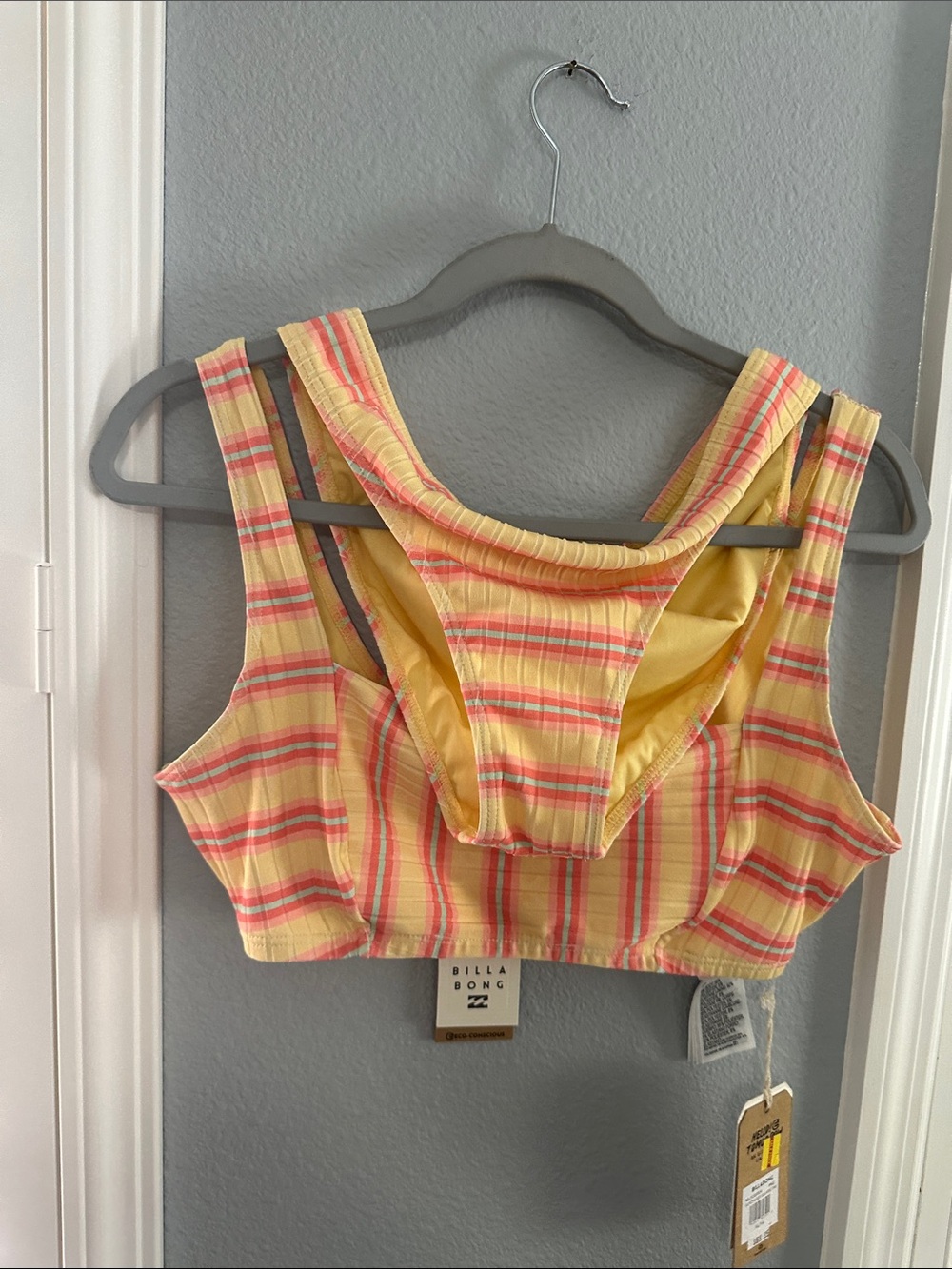 Billabong Yellow and Pink Striped Racerback Crop Top